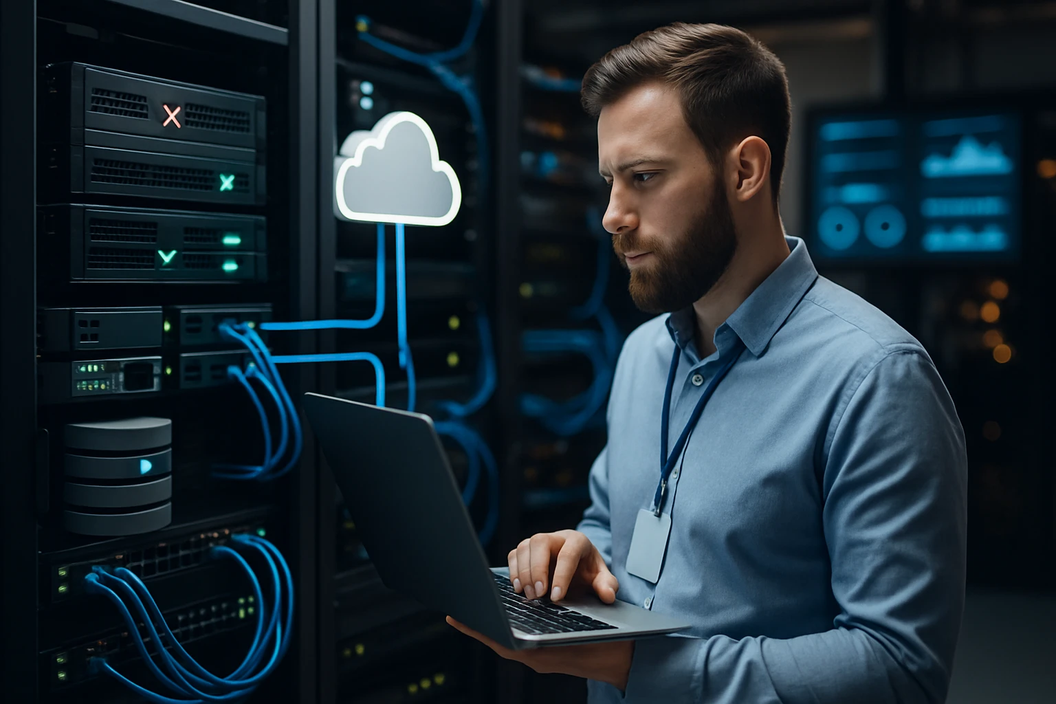Egy férfi laptopot használ egy adatközpontban, háttérben szerverekkel és felhőszimbólummal.