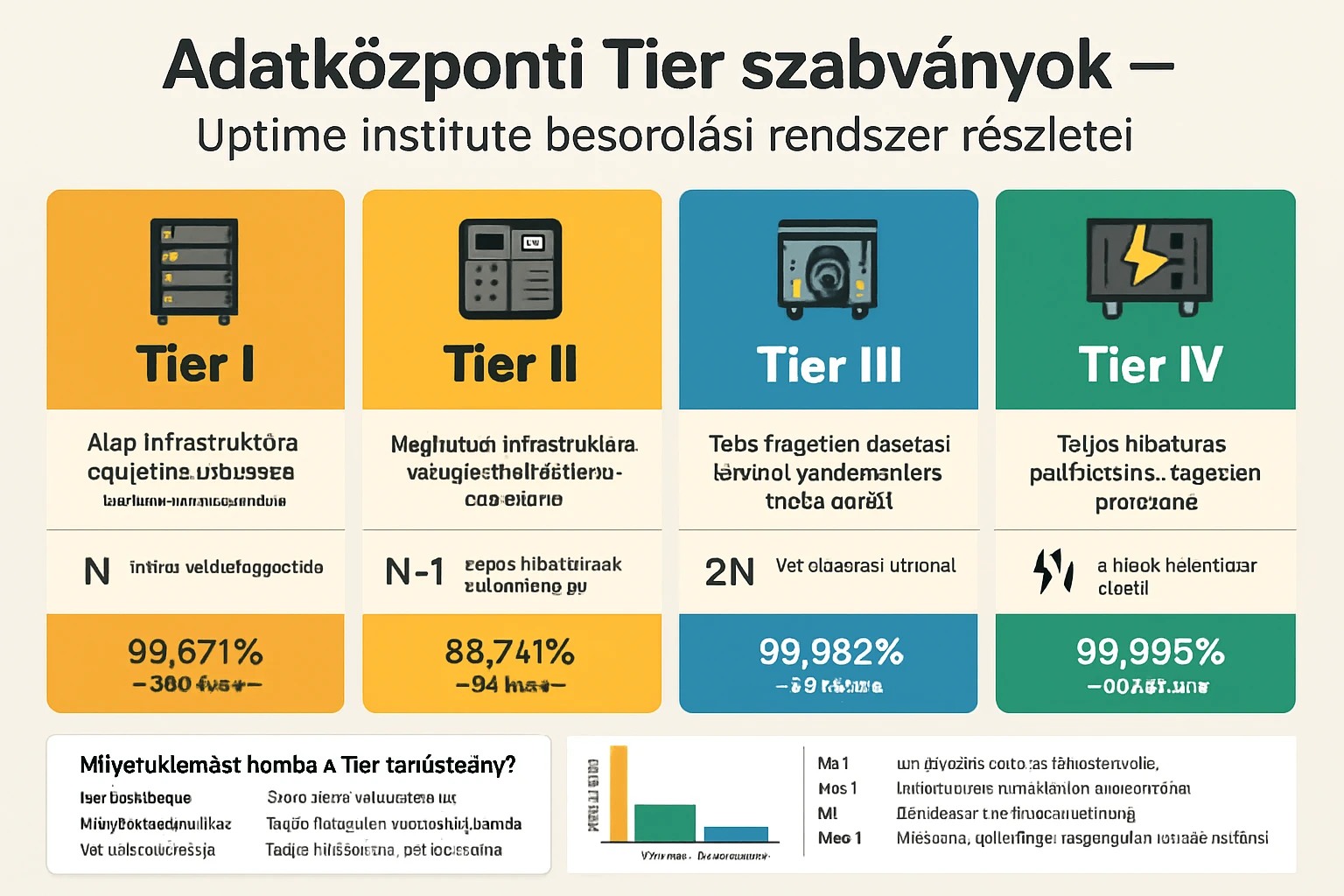 Adatközponti Tier szabványok részletezése, különböző szintek és teljesítmény mutatók.