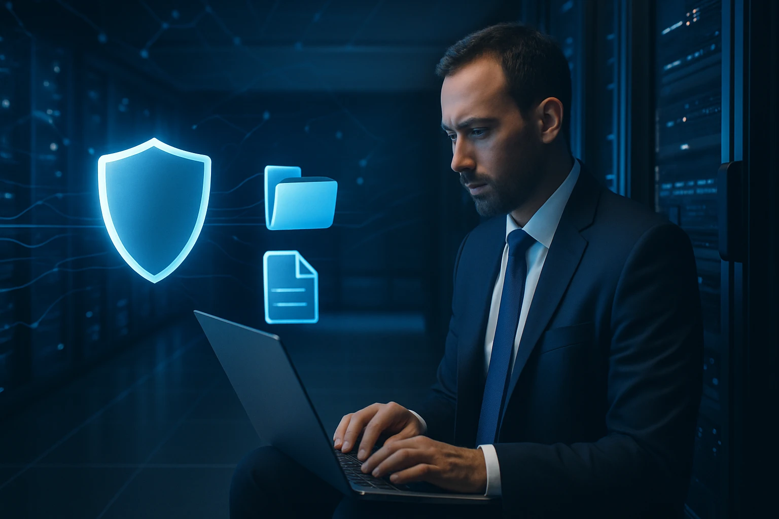 Egy férfi számítógépen dolgozik, miközben adatvédelmi ikonok jelennek meg a képernyőn.