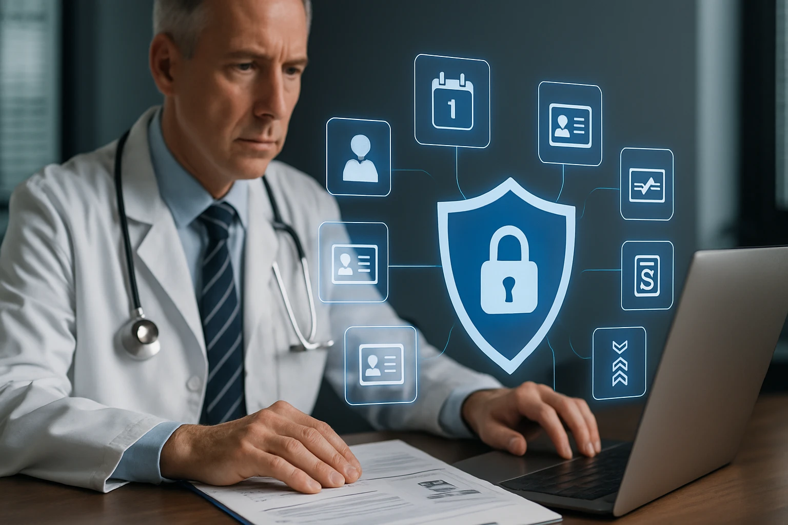Orvos dolgozik a számítógépén, adatvédelmi ikonokkal körülvéve.