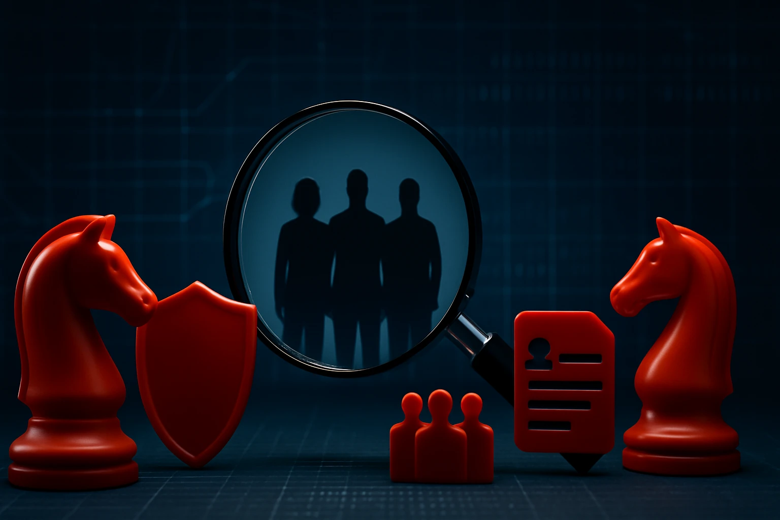 Egy nagyító alatt három emberi sziluett látható, vörös sakkfigurák és egy pajzs mellett.