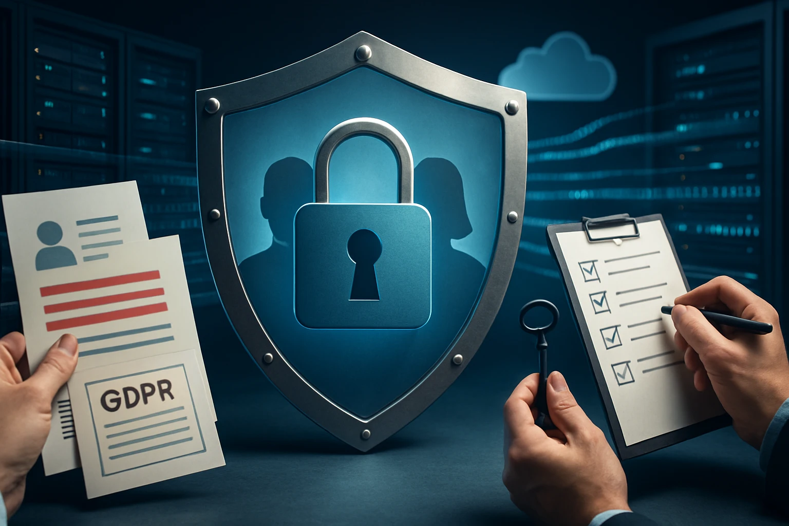 Két kéz adatvédelmi dokumentumokat és ellenőrzőlistát tart, háttérben zár és felhőszolgáltatás.