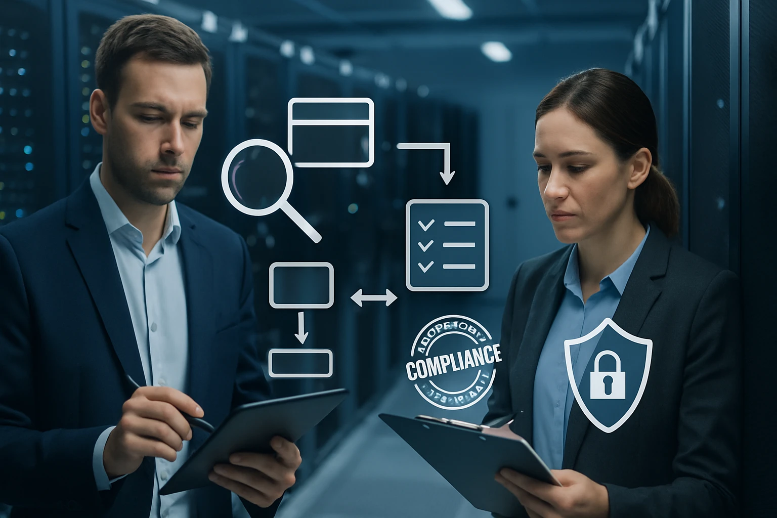 Két üzletember egy adatközpontban táblagépeken dolgozik, adatvédelmi ikonokkal.
