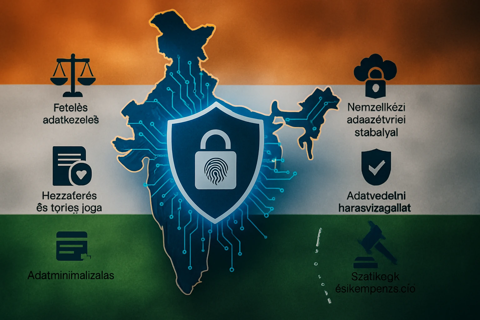 India térképe, középen adatvédelmi szimbólummal és jogi ikonokkal.