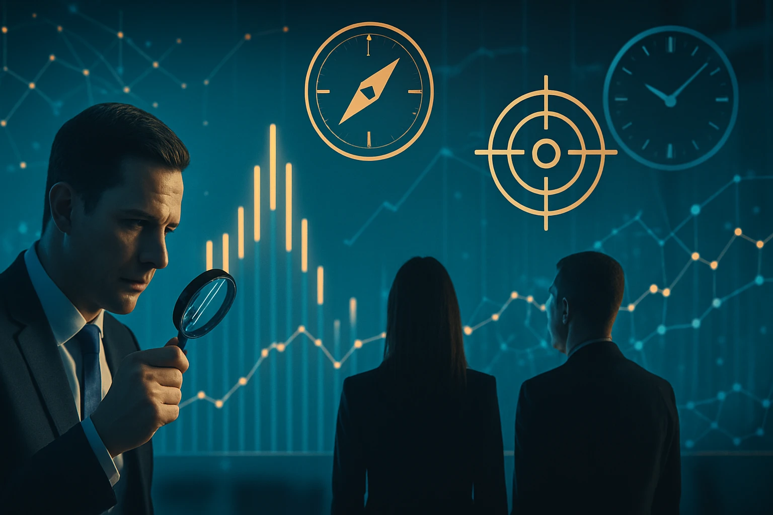 Egy üzletember nagyítót tart a kezében, háttérben grafikonok és szimbólumok láthatók.