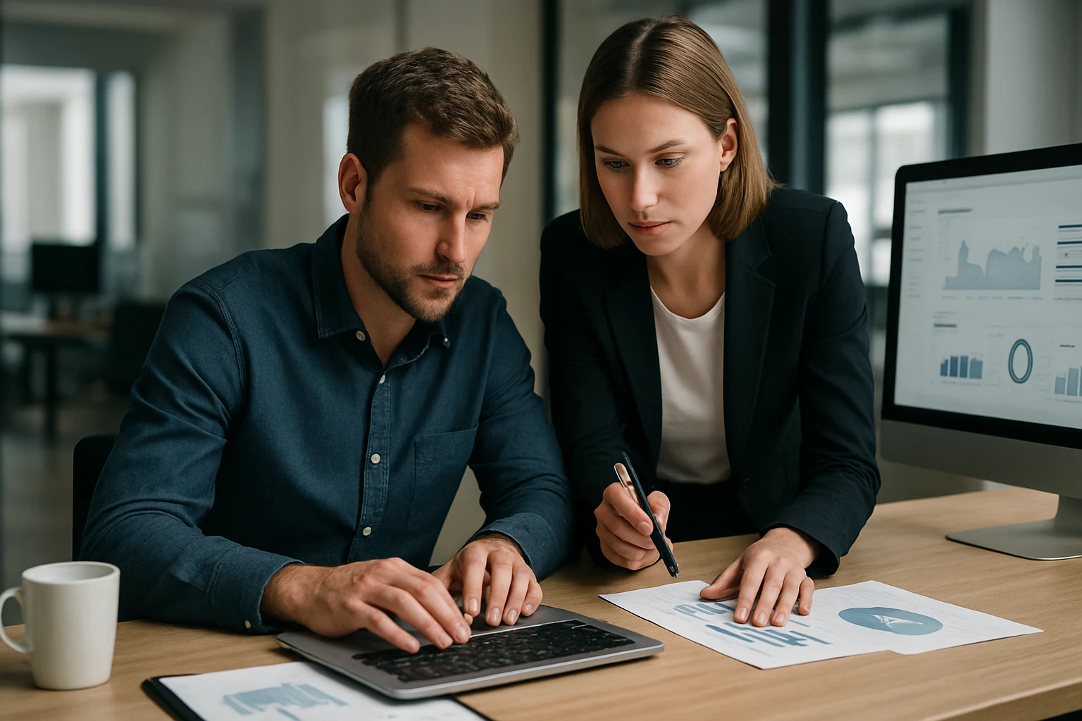 Két munkatárs egy laptop előtt, adatelemzést végeznek, papírokkal és grafikonokkal.