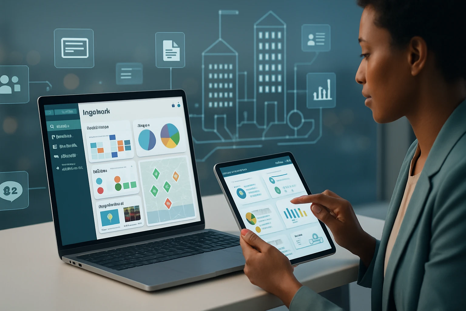 Egy nő laptopon és táblagépen adatokat elemez, modern irodai környezetben.