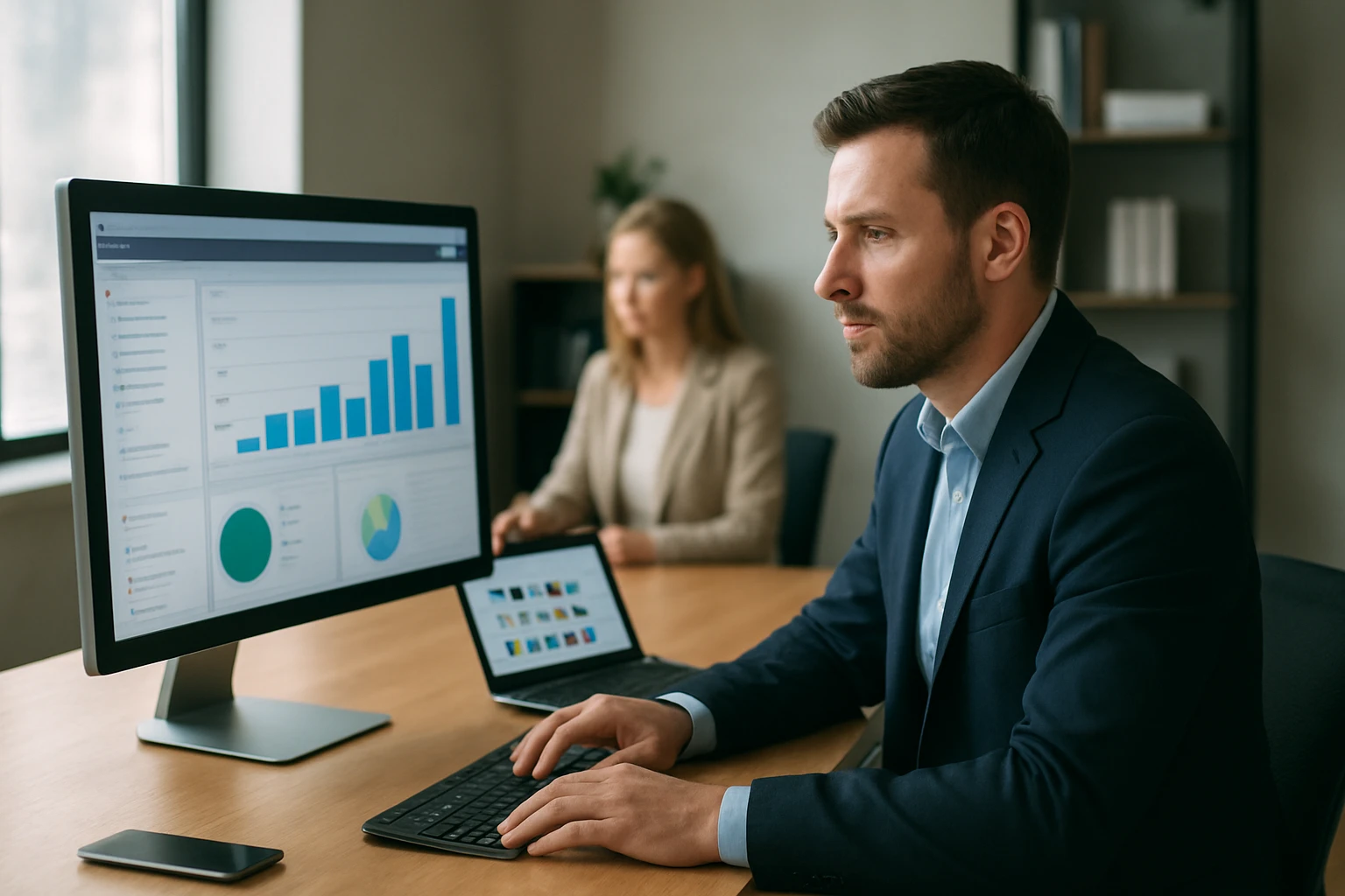 Egy férfi számítógépen dolgozik, háttérben egy nő, adatelemző grafikonokkal.