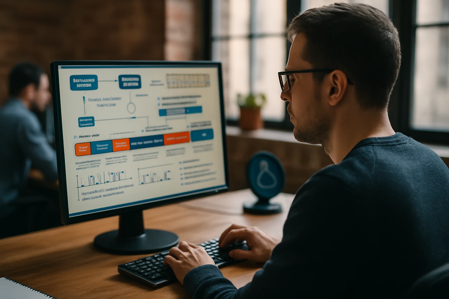 Egy férfi dolgozik egy számítógépnél, ahol diagramok és adatok láthatók.