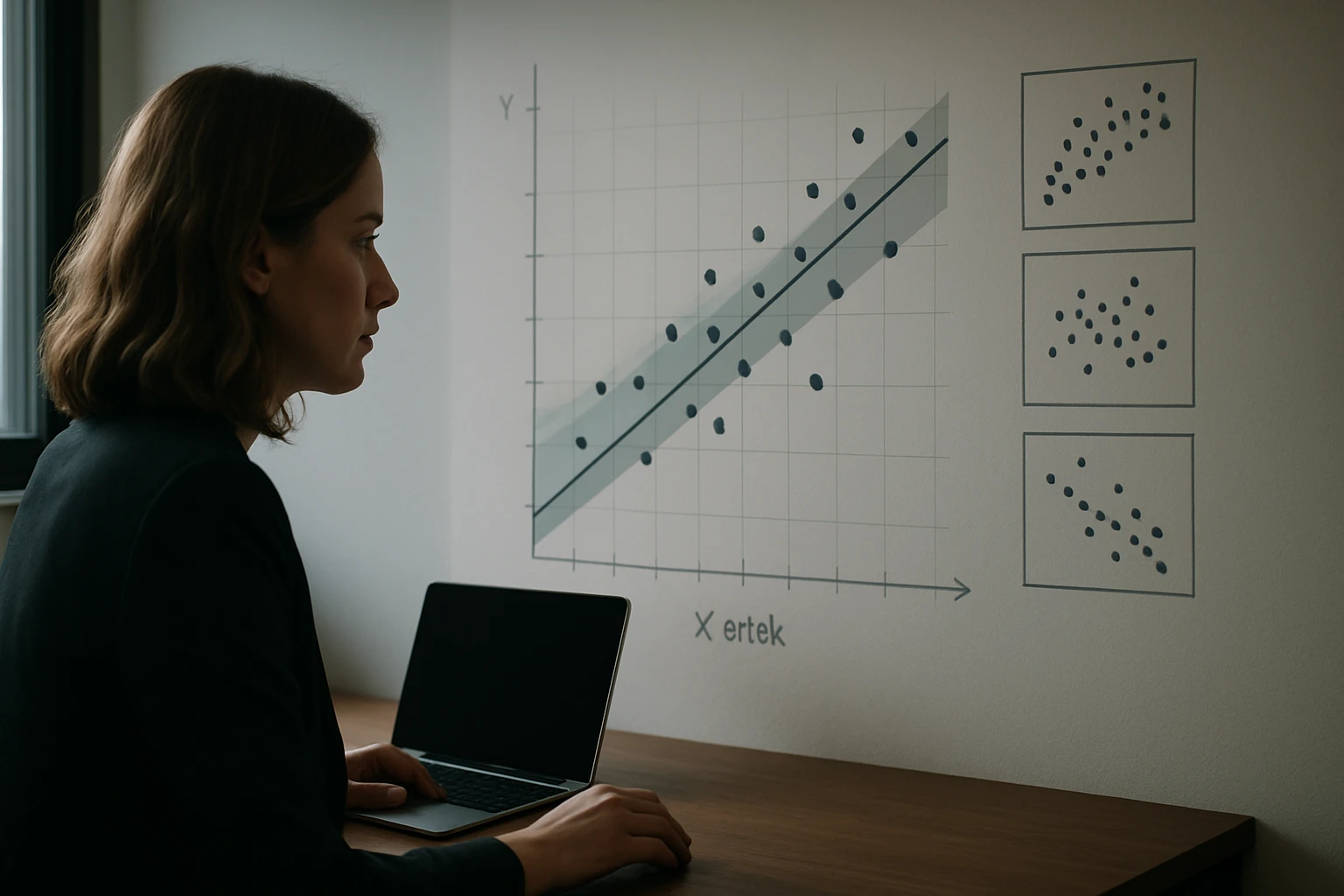 Egy nő számítógép előtt ül, a falon statisztikai grafikonok láthatók.