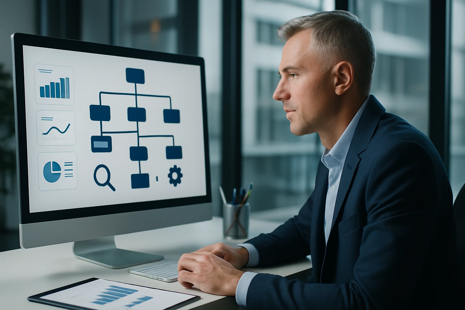 Egy férfi figyelmesen dolgozik egy számítógép előtt, grafikonokat és diagramokat nézve.