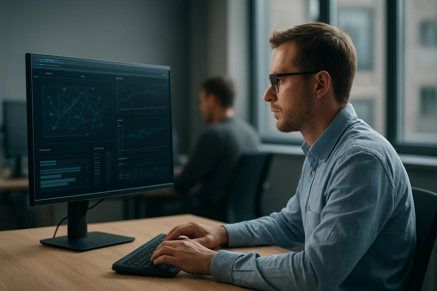 Egy férfi számítógép előtt ül, adatokat elemez egy monitoron.
