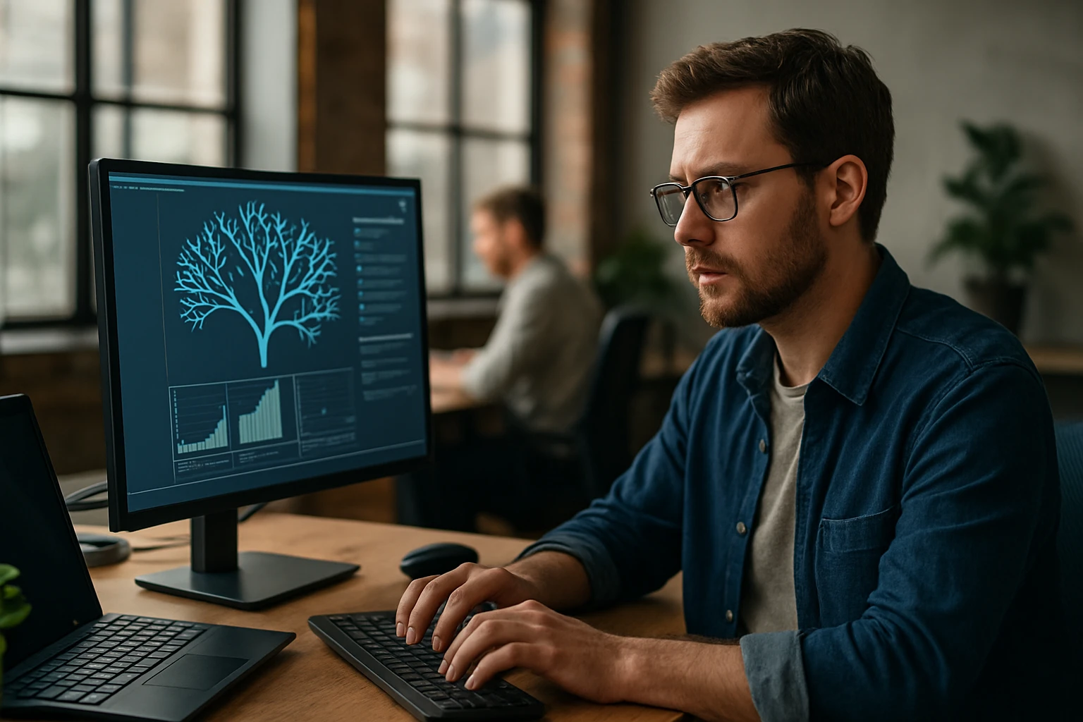 Egy férfi számítógépen dolgozik, háttérben grafikonok és adatok láthatók.