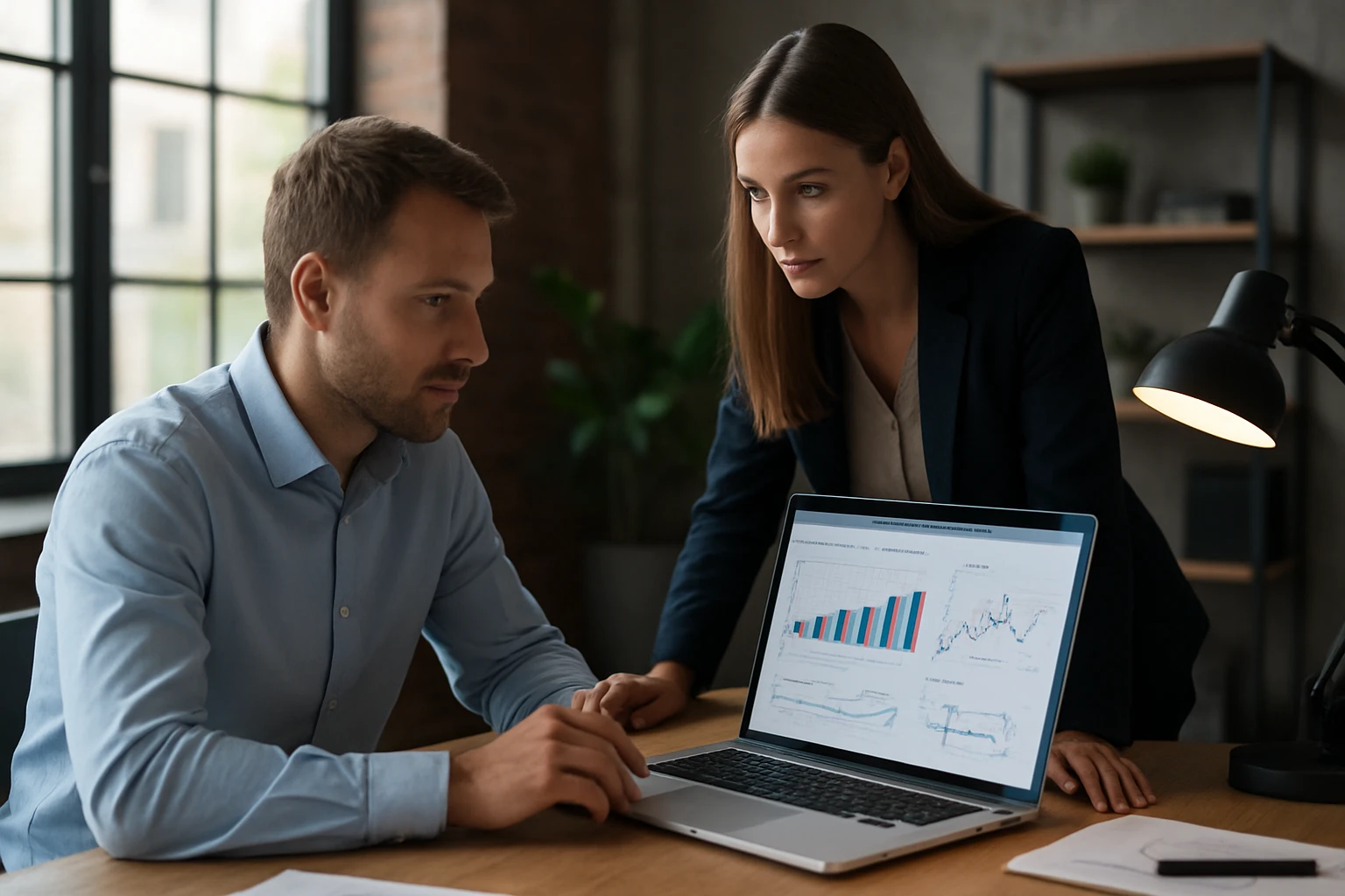 Két szakember egy laptop képernyőjén elemzik az adatokat és grafikonokat.