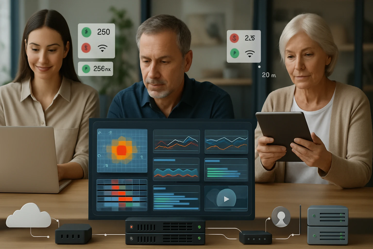 Három ember dolgozik számítógépeken, adatokat elemezve, grafikonokkal és statisztikákkal.
