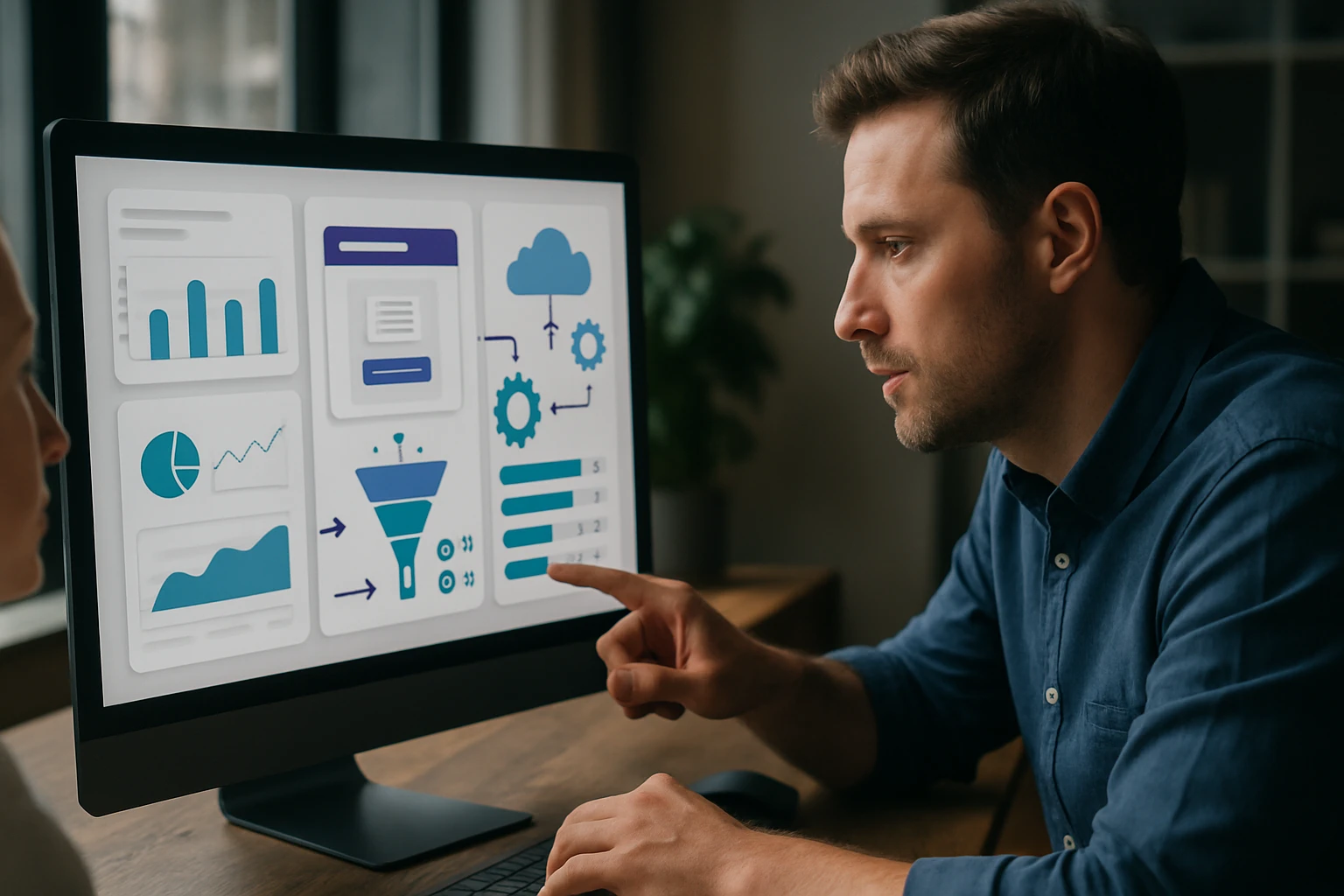 Egy férfi a számítógépén grafikonokat és diagramokat elemzi.