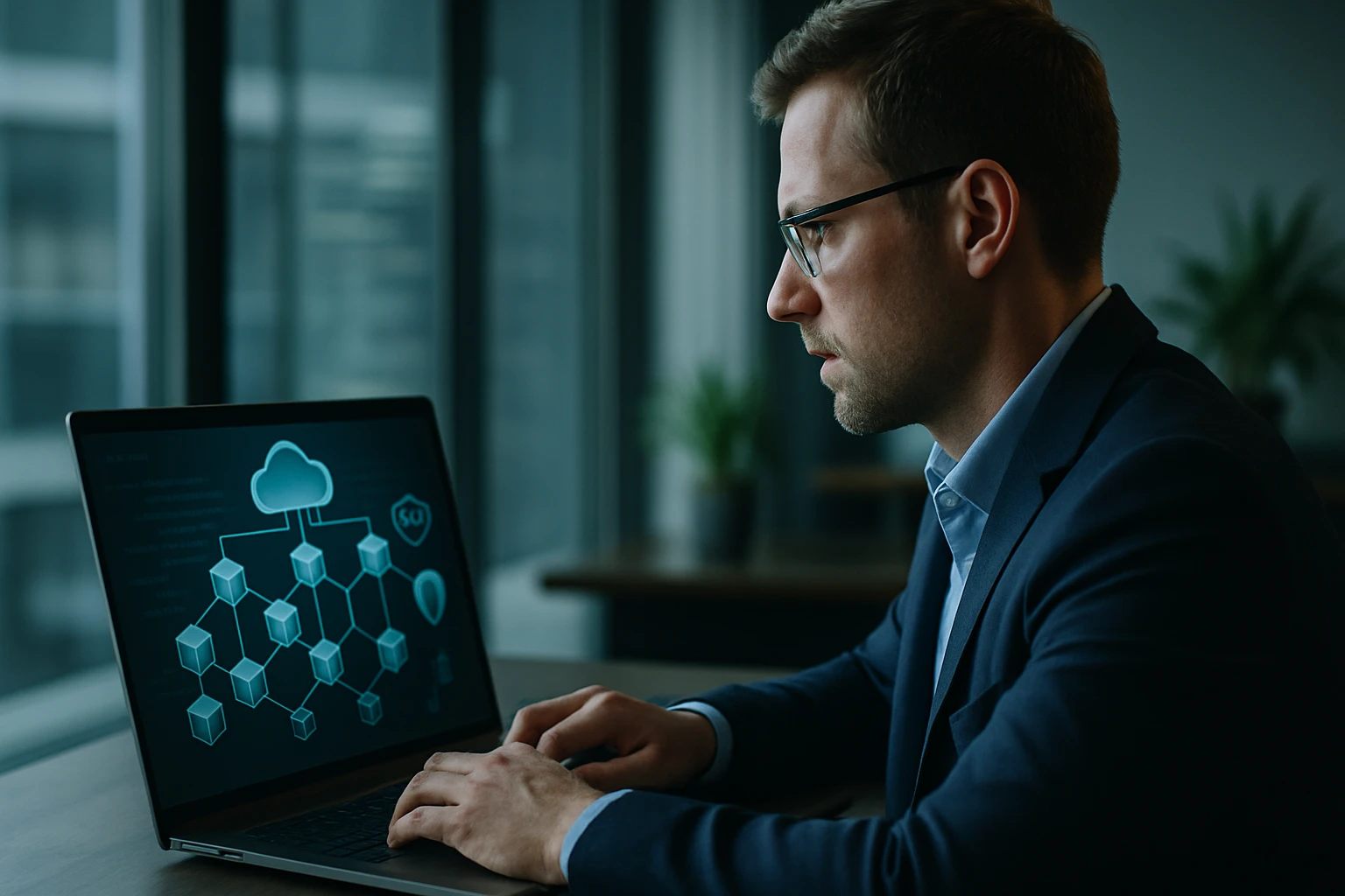 Egy férfi laptop előtt ül, adatvizualizációt néz a képernyőn.