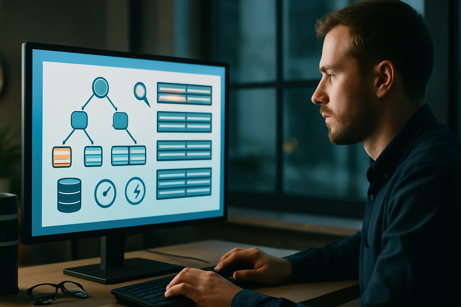 Egy férfi figyelmesen nézi a számítógép képernyőjét, amely adatvizualizációt mutat.