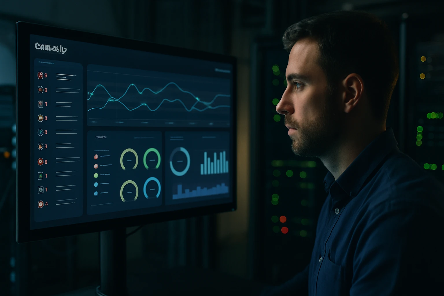 Egy férfi figyelmesen nézi a számítógép képernyőjét, amely adatelemzést mutat.