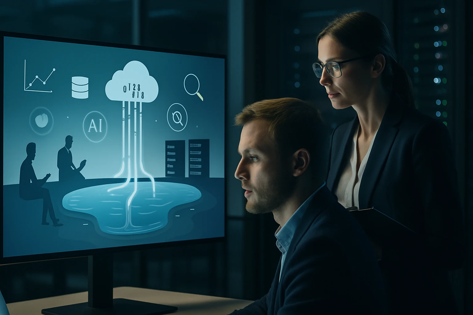 Két szakember figyeli a számítógép képernyőjén megjelenő adatokat és grafikonokat.