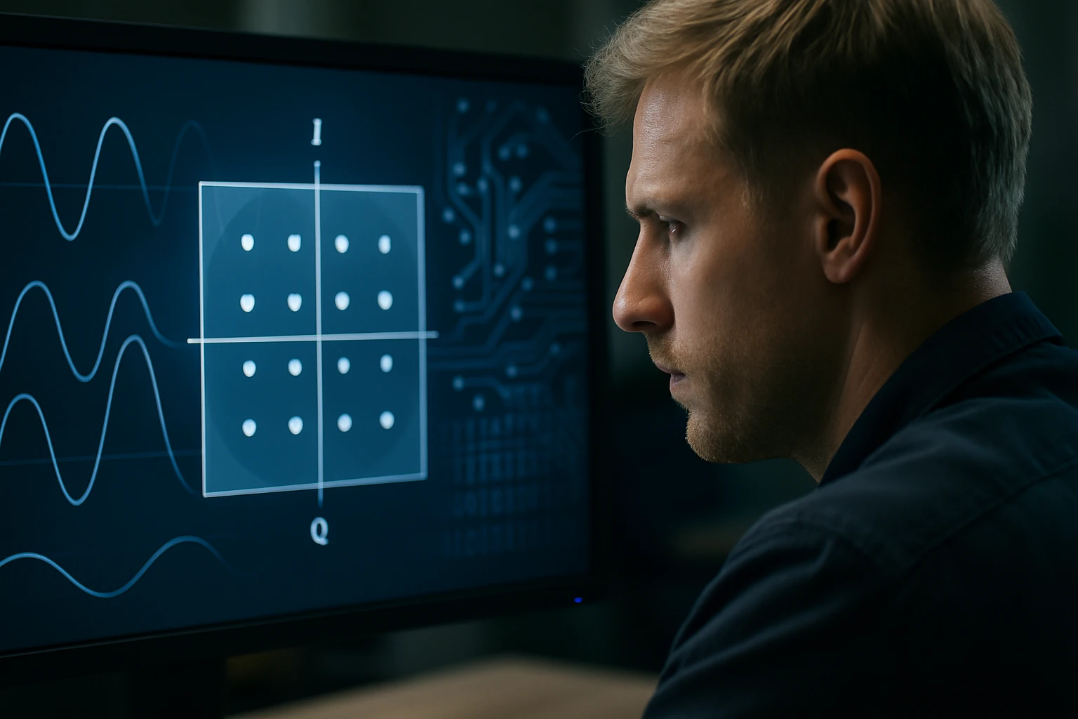 Egy férfi figyelmesen néz egy számítógép képernyőjére, ahol grafikonok és adatok láthatók.