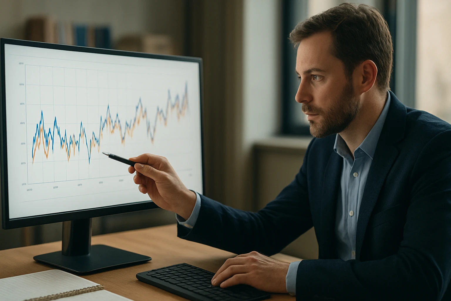 Egy férfi elemzi az adatokat egy monitoron, grafikonokkal a képernyőn.