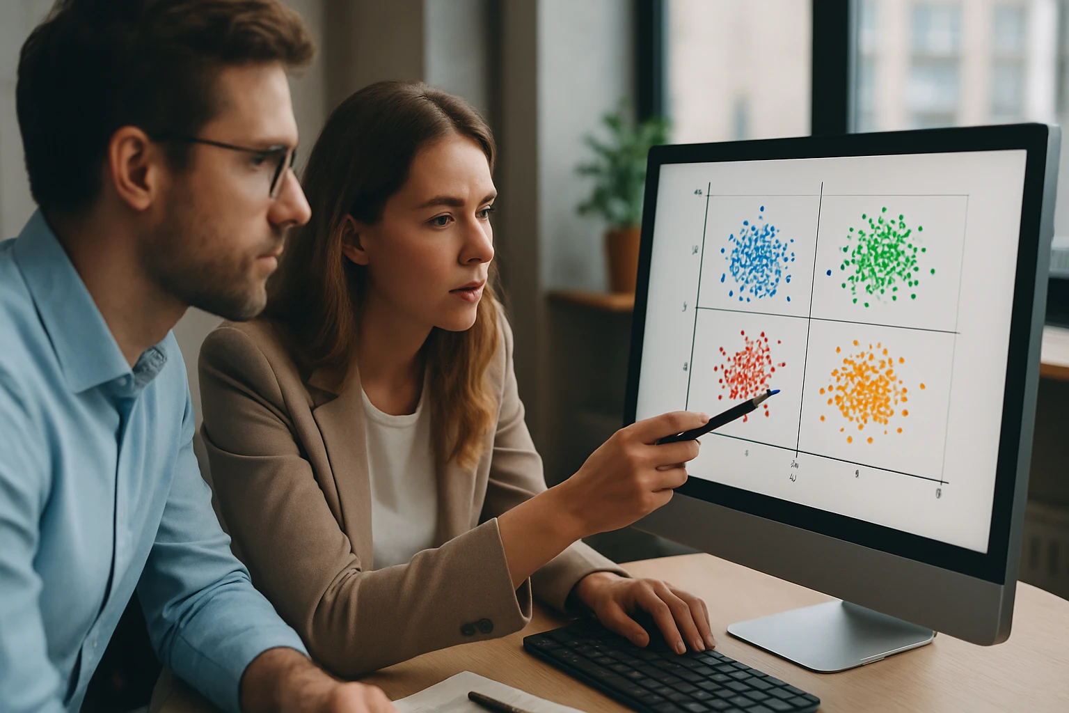 Két szakember egy számítógép képernyőjén adatokat elemez, színes grafikonokkal.