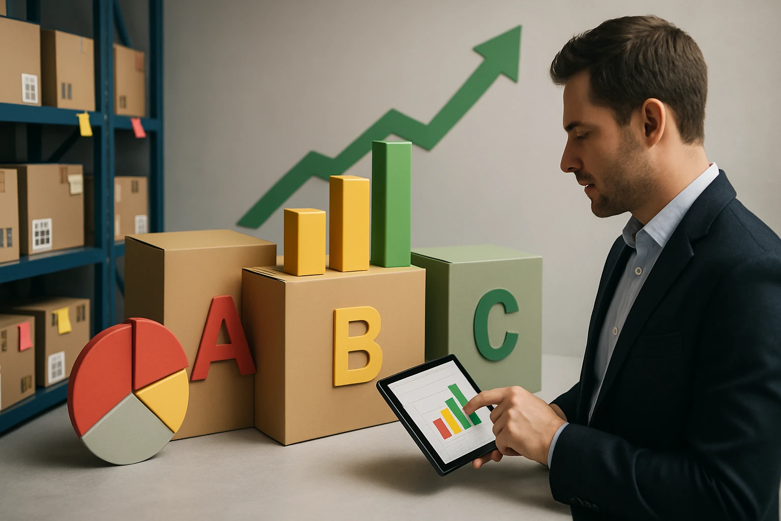 Egy férfi táblagépen elemzi az adatokat, miközben grafikonok és dobozok láthatók.