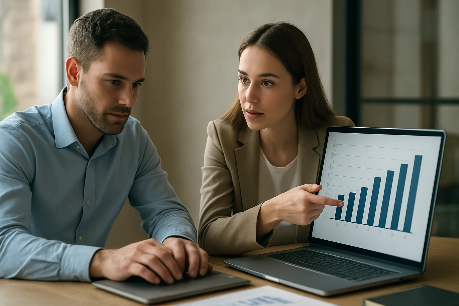 Két fiatal szakember egy laptop előtt ül, ahol grafikon látható.