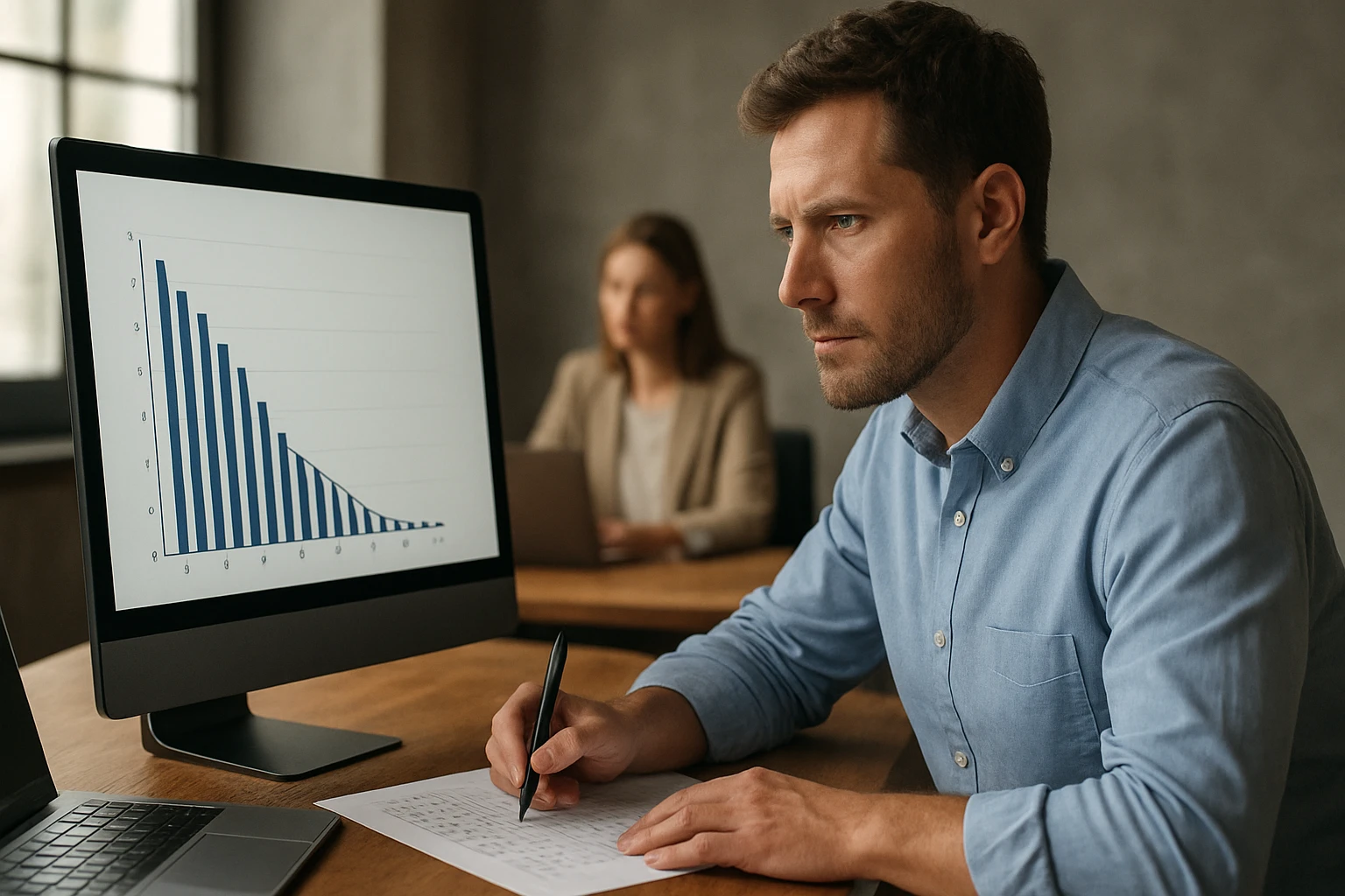 Egy férfi figyelmesen dolgozik egy számítógép előtt, grafikonokat elemezve.