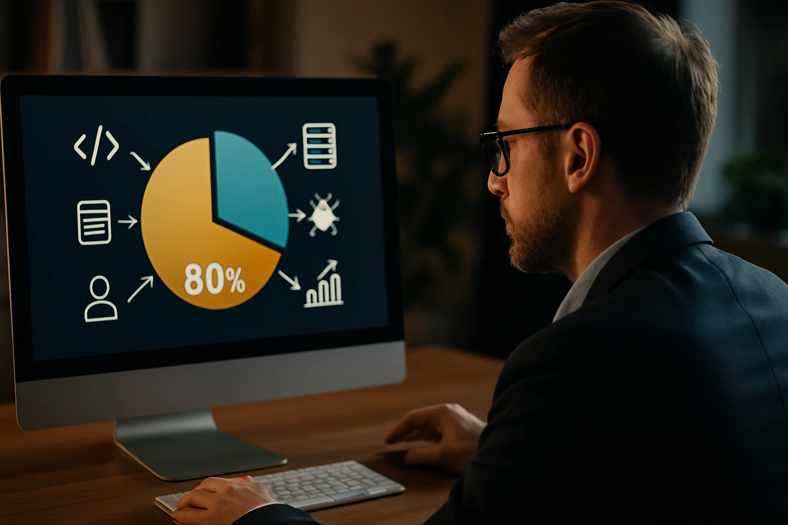 Egy férfi számítógép előtt ülve, a képernyőn egy 80%-os kördiagram látható.
