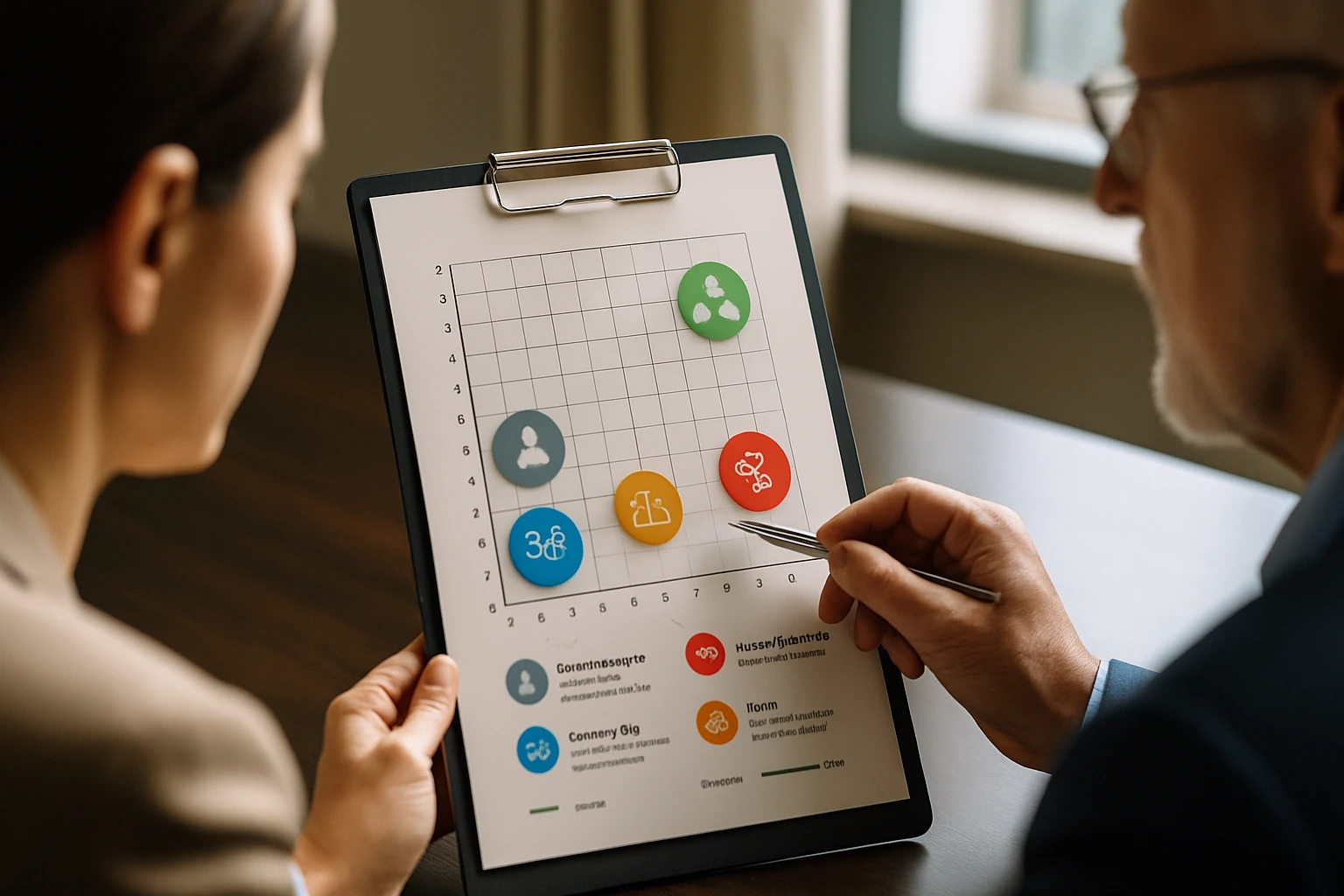 Két ember egy grafikonra mutat, amely különböző ikonokat tartalmaz.