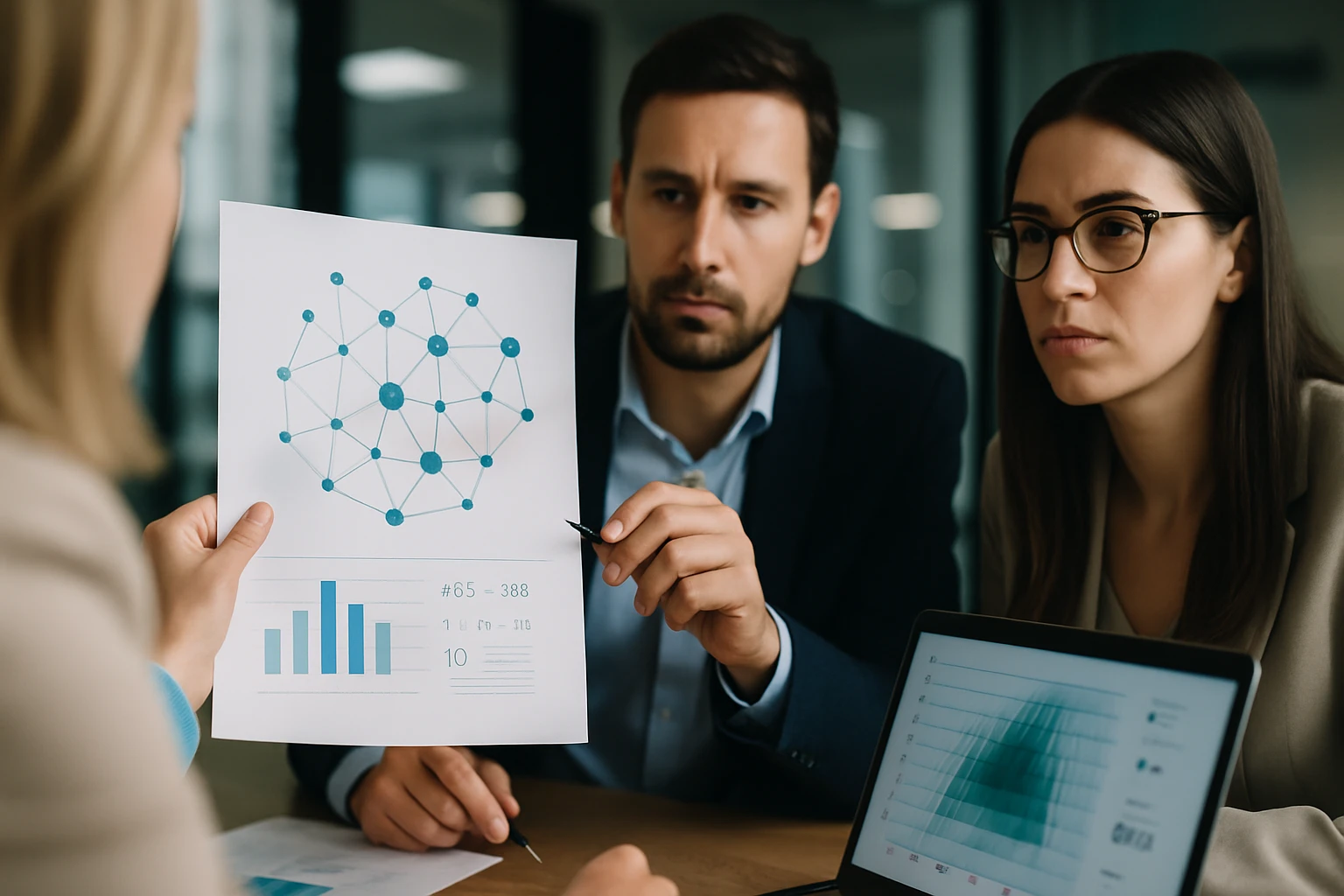 Egy üzleti megbeszélés során grafikonokat és adatokat mutatnak be.