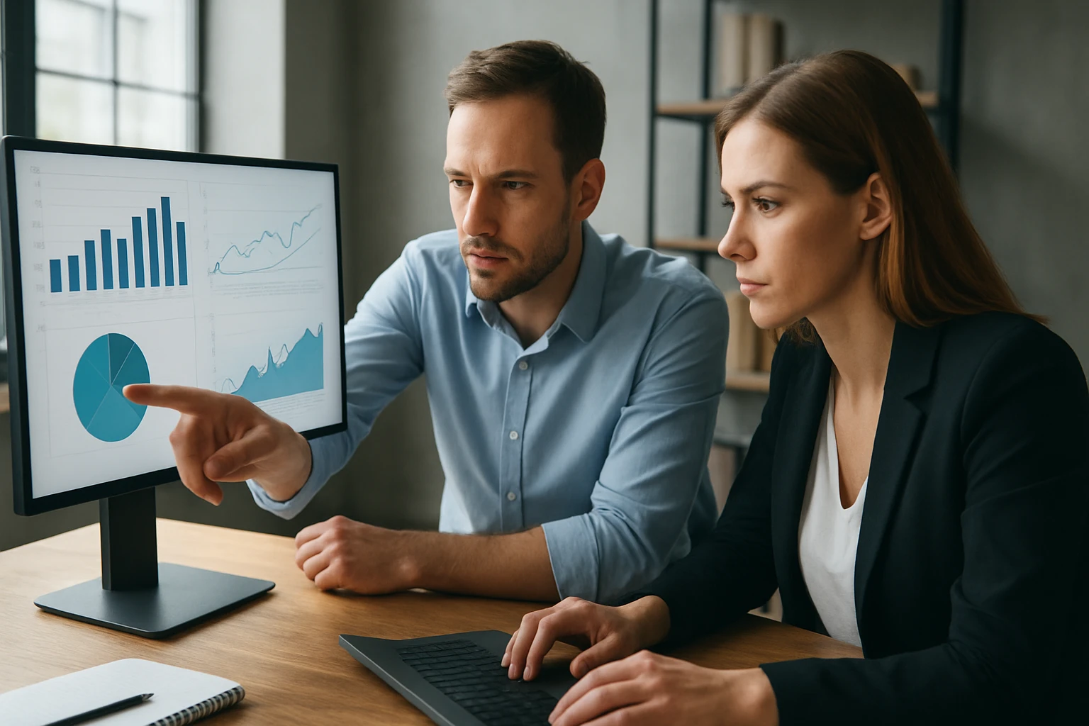Két szakember elemzi az adatokat egy számítógép képernyőjén, grafikonokkal.