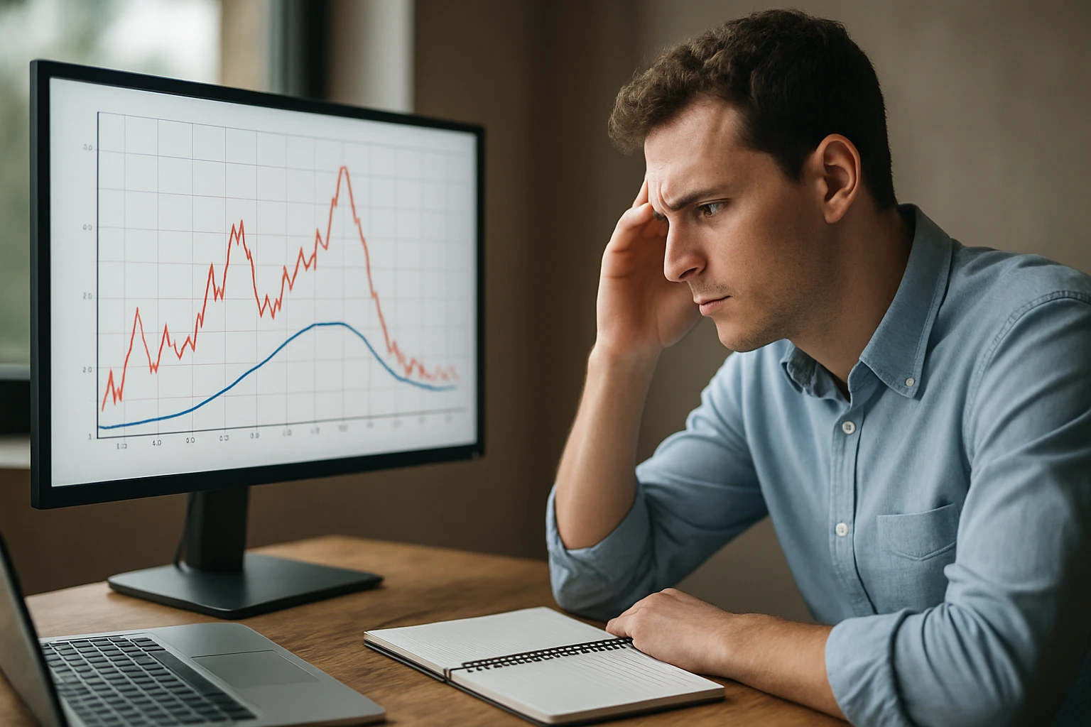 Egy férfi figyelmesen nézi a számítógép képernyőjén látható grafikonokat.