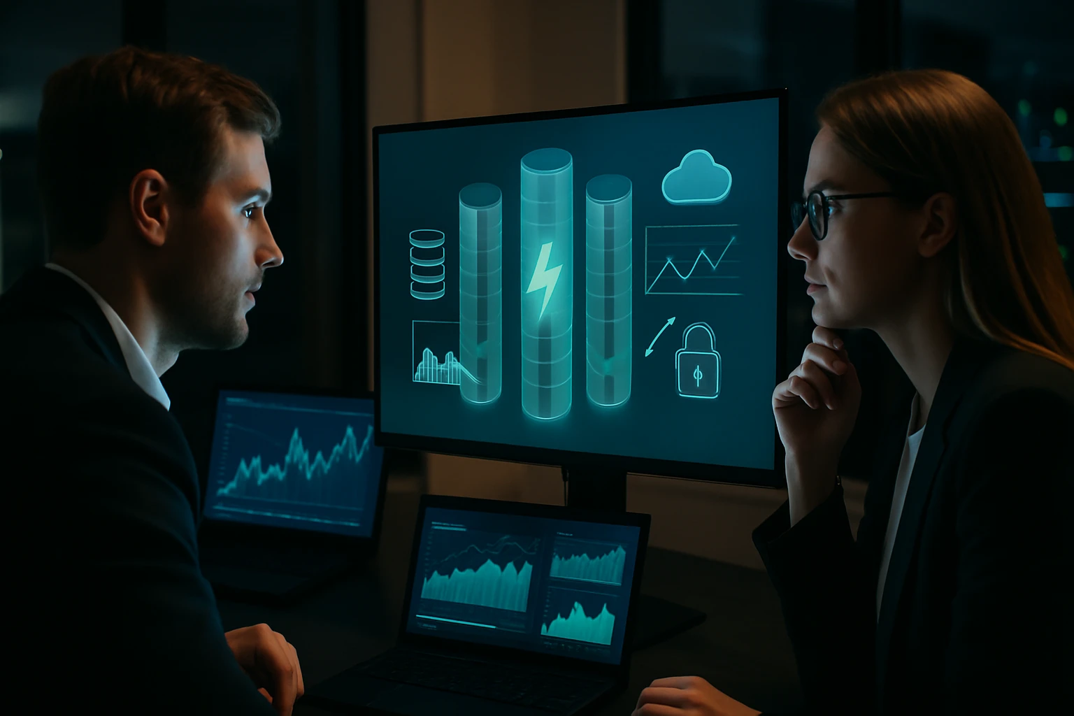 Két üzletember egy számítógép előtt, adatvizualizációkat elemzik.