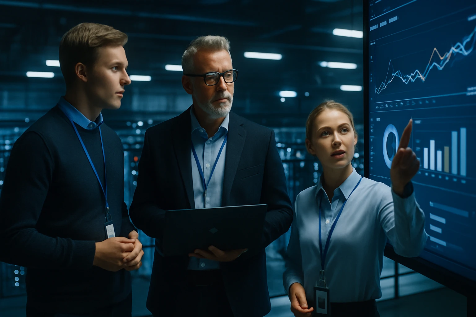 Három szakember egy modern irodában adatokat elemez egy nagy képernyőn.