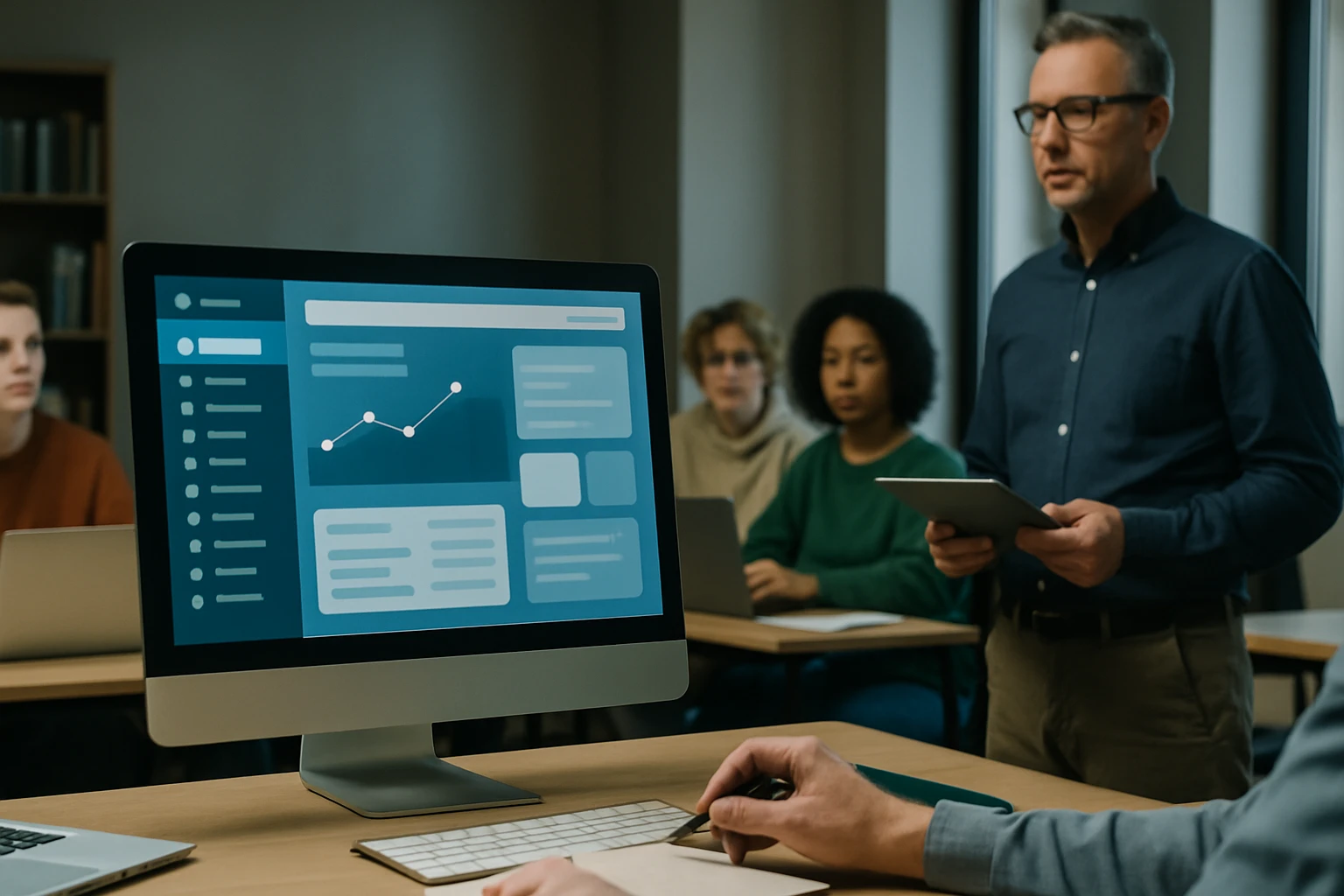 Egy férfi prezentál egy számítógép előtt, amelyen adatelemzés látható.