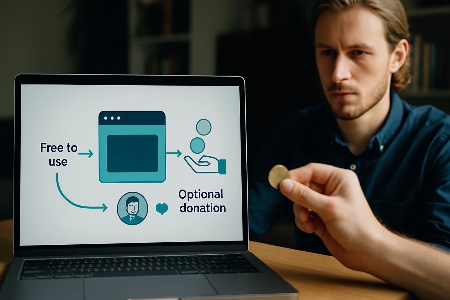 Egy férfi egy érmét tart a kezében, miközben egy laptop képernyőjén adományozási lehetőséget néz.