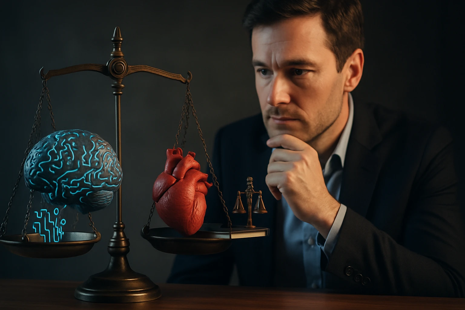 Egy férfi gondolkodik, miközben egy mérlegen agy és szív szobrok láthatók.