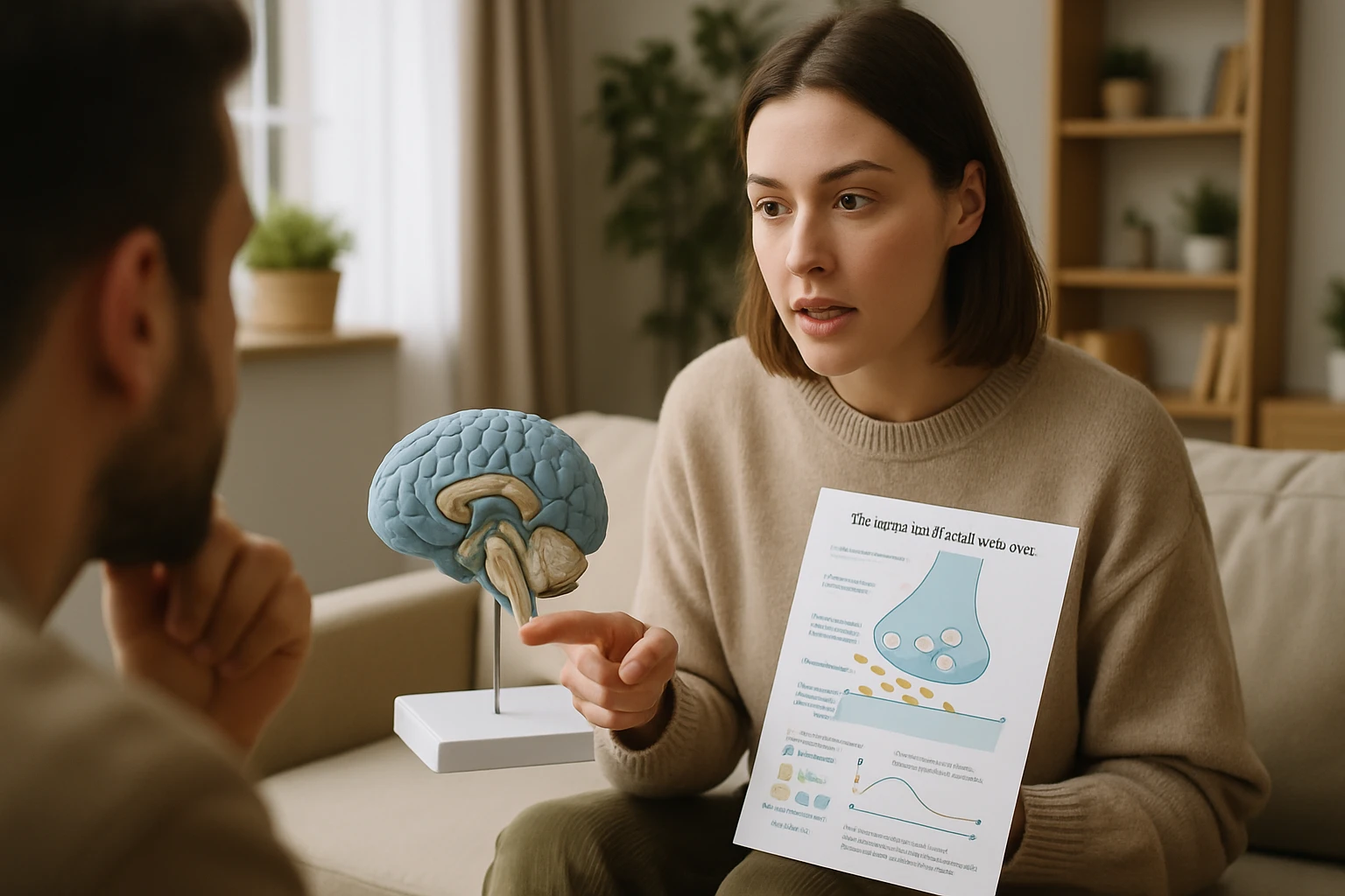 Egy nő agymodellt mutat, miközben egy férfi figyelmesen hallgat.