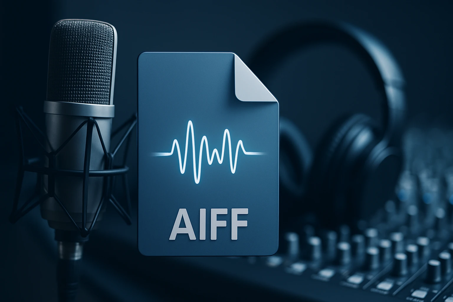 Egy mikrofon és egy AIFF fájl ikon látható, háttérben hangtechnikai eszközökkel.