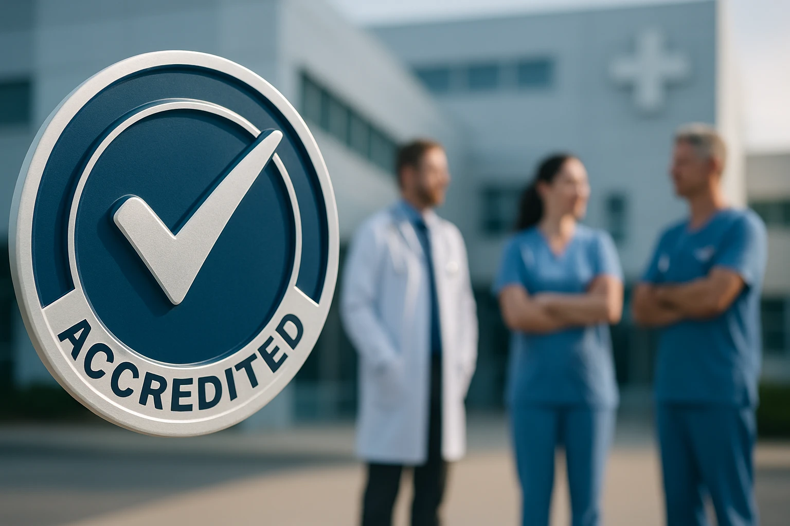 Egy akkreditált egészségügyi intézmény emblémája, háttérben orvosokkal.