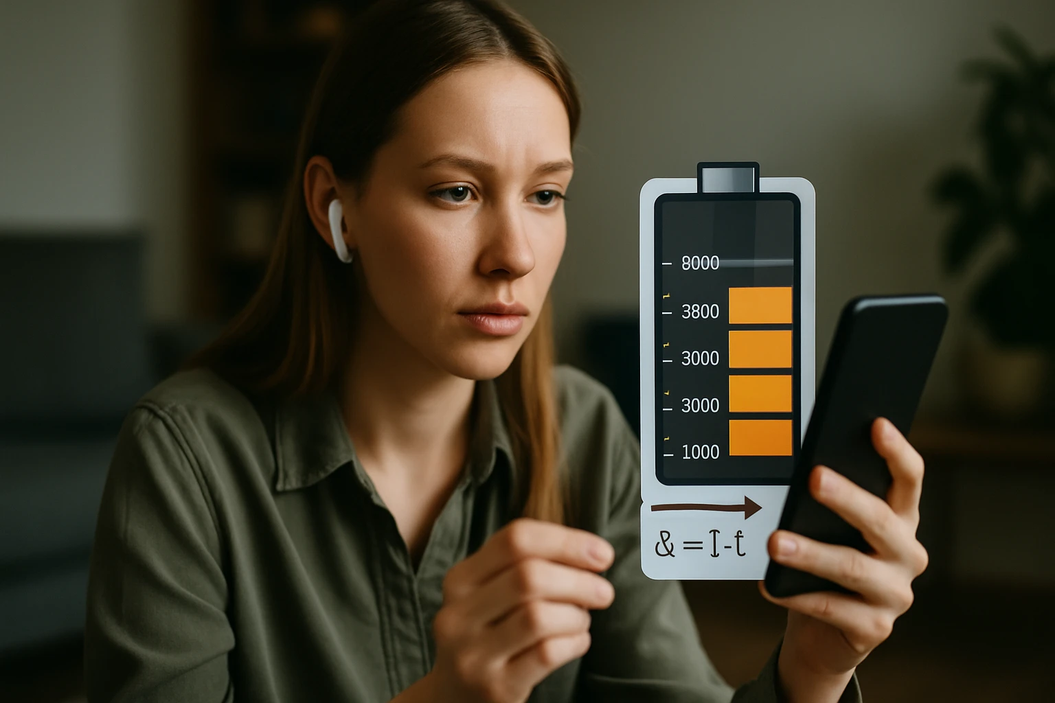 Egy fiatal nő figyelmesen nézi a telefonját, mellette egy akkumulátor grafikon látható.
