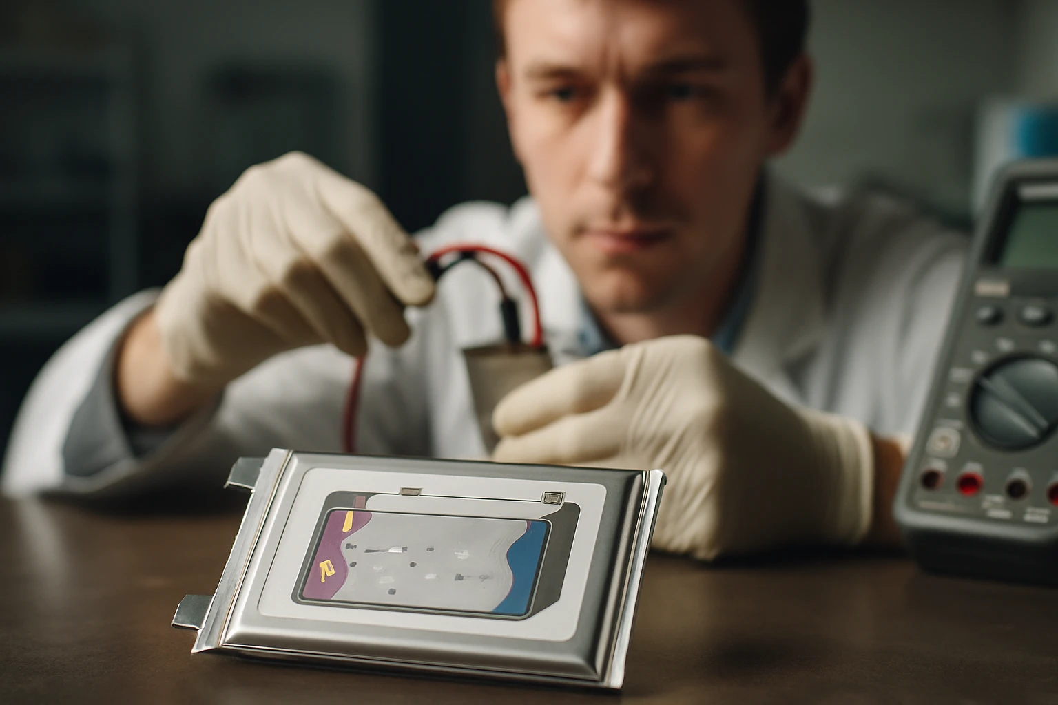 Egy kutató laboratóriumban tesztel egy lítium-ion akkumulátort.