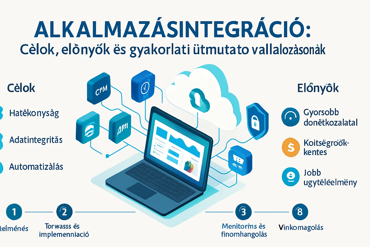 Egy laptop képernyője, amely az alkalmazásintegráció céljait és előnyeit mutatja be.