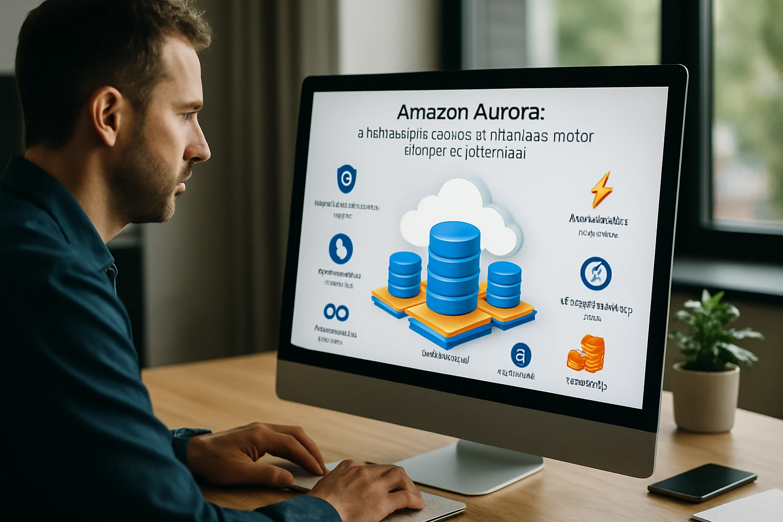Egy férfi számítógép előtt ül, az Amazon Aurora adatbázisról szóló prezentációt néz.