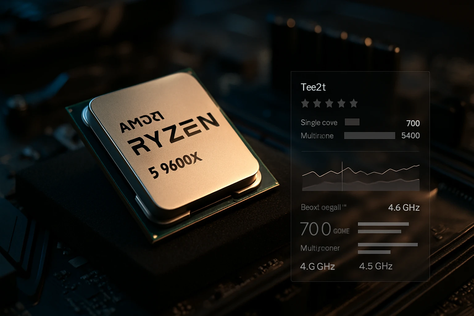 Az AMD Ryzen 5 9600X processzor részletes bemutatása egy alaplapon.