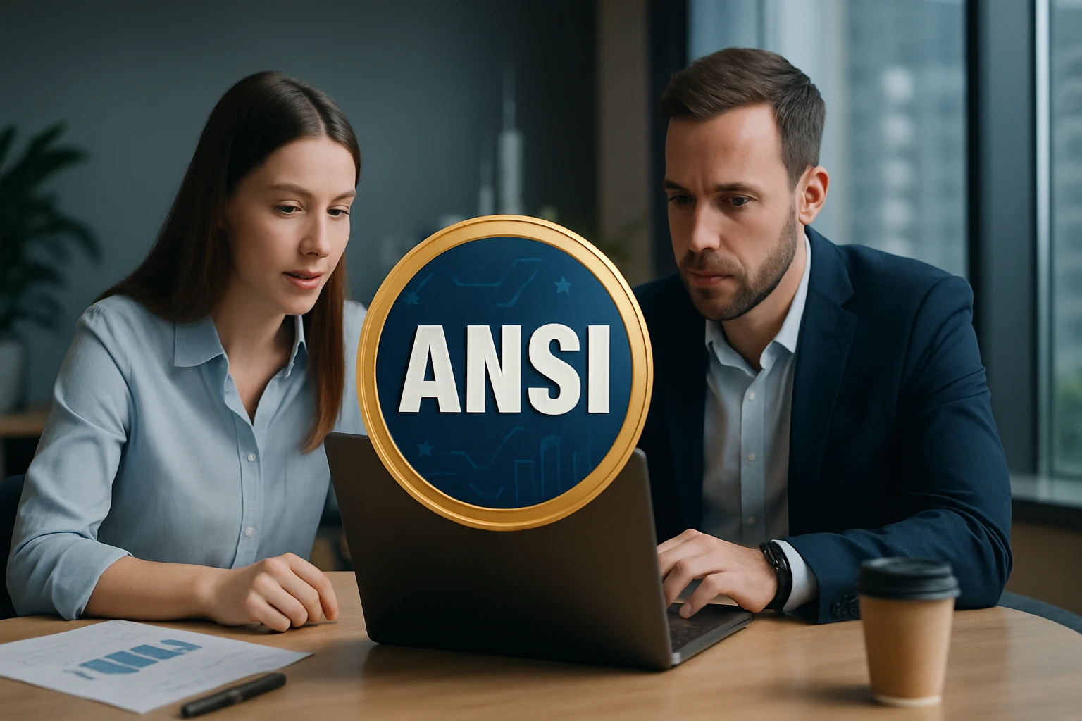 Két fiatal szakember dolgozik egy laptop előtt, az ANSI logó látható a képernyőn.