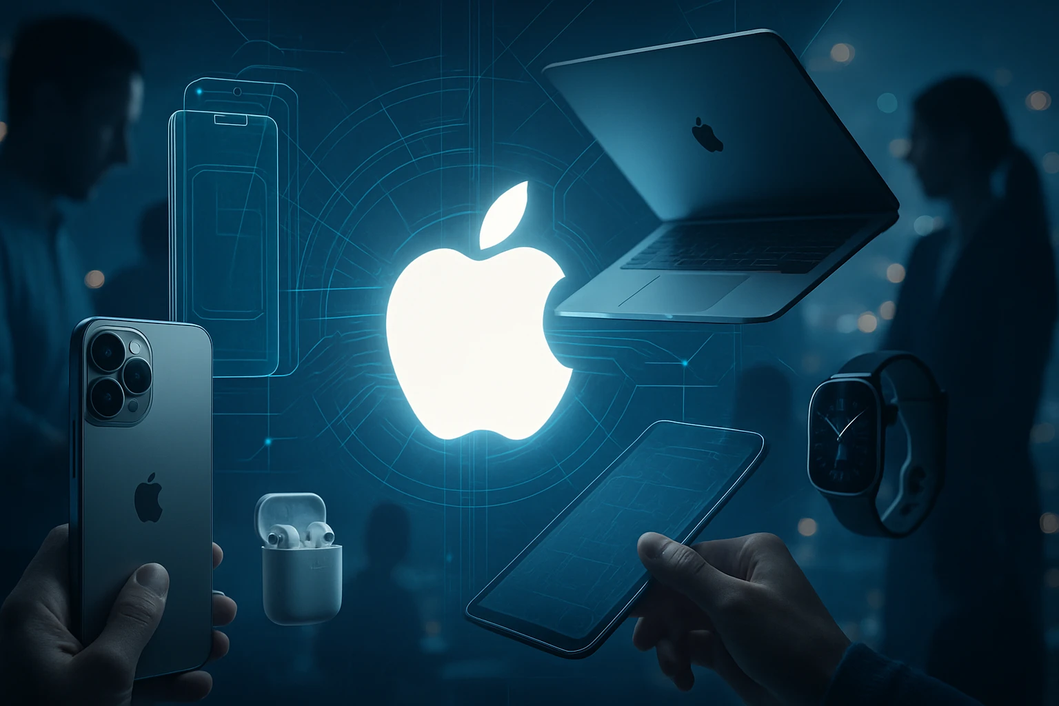 Egy Apple logó körül különböző technológiai eszközök láthatók, mint iPhone, MacBook és AirPods.